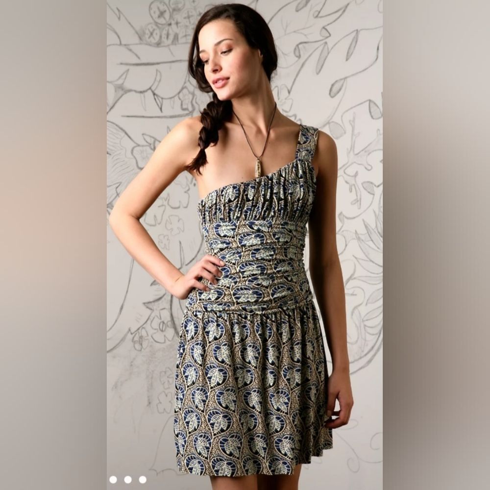Free People one shoulder jungle ruched stretchy fit and flare mini dress sz M